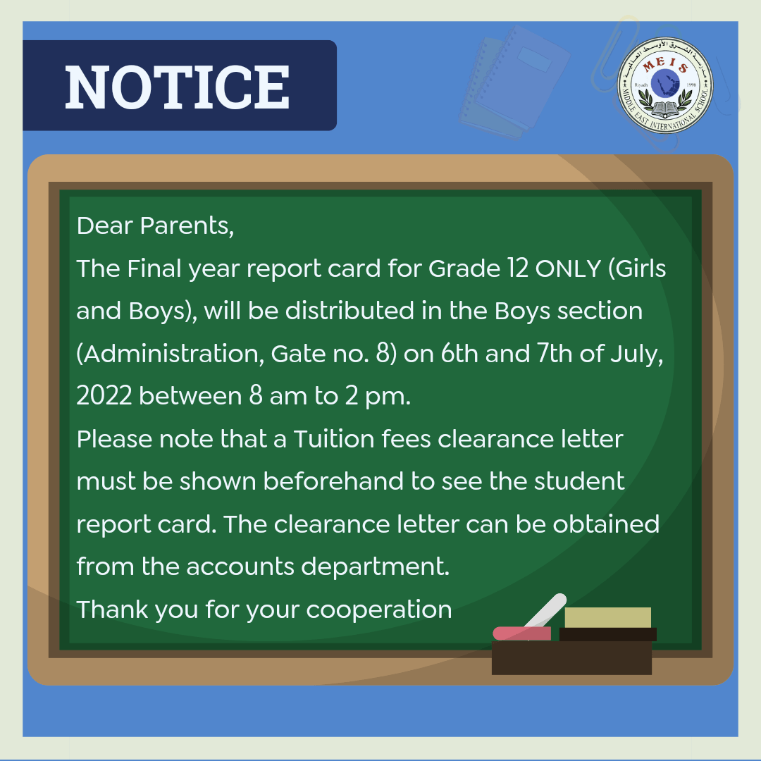 Grade 12 Final Year Report card - Middle East International School