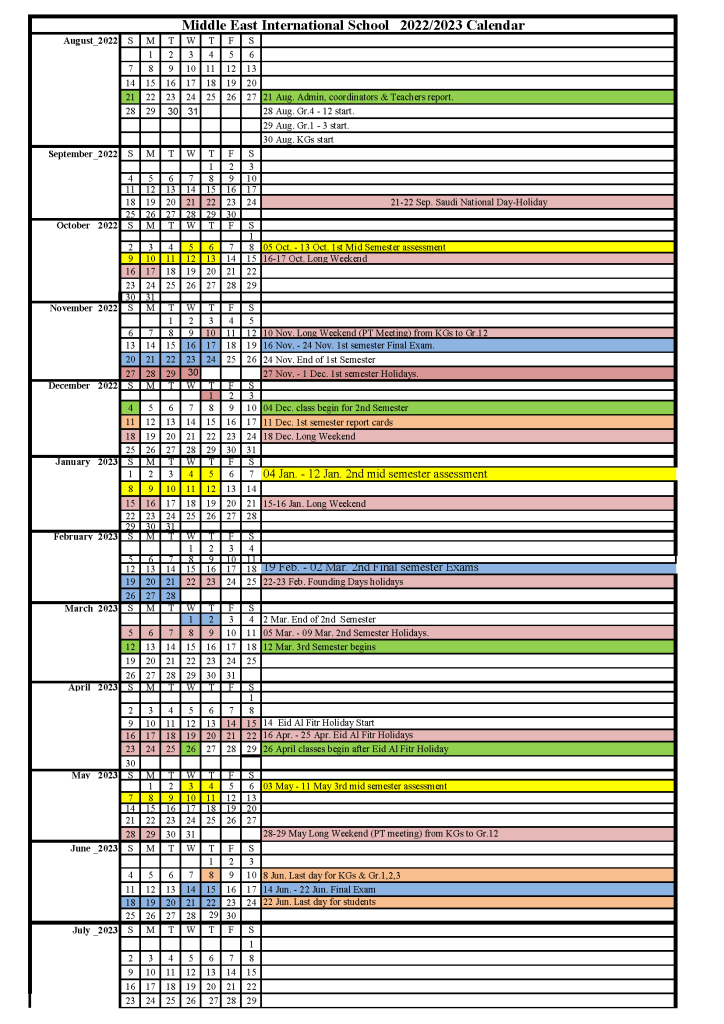 School Calendar Middle East International School